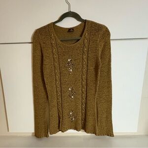 Ashari Tweed Woman’s Knit Sweater with Beaded Design.  Warm Tan Color Blend.